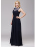 Sheer Neck Navy Blue Chiffon Affordable Bridesmaid Dress